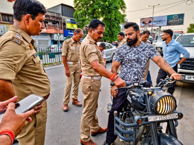 मॉडिफाइड बुलेट की जांच करते यातायात पुलिस अधिकारी