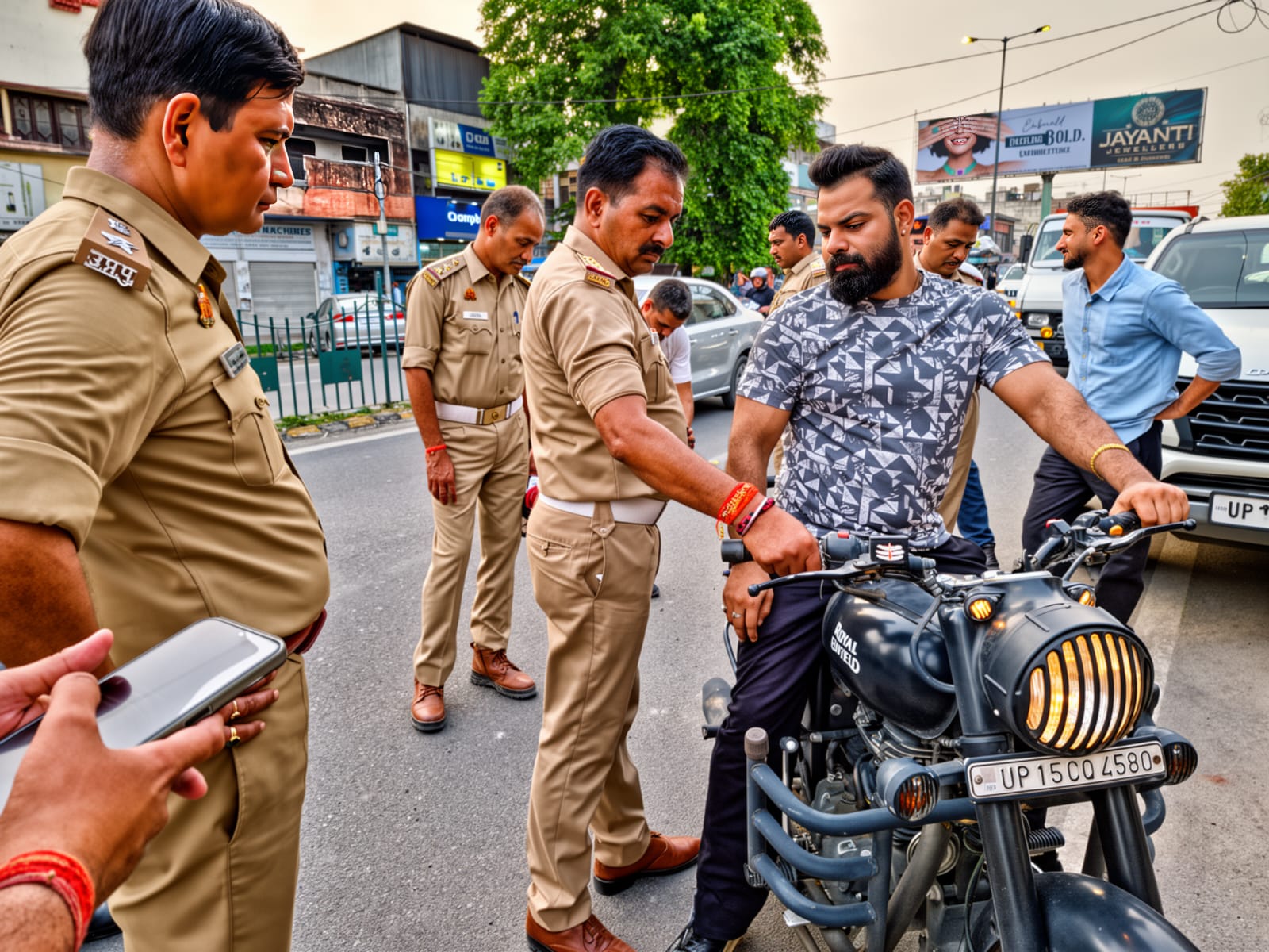 मॉडिफाइड बुलेट की जांच करते यातायात पुलिस अधिकारी