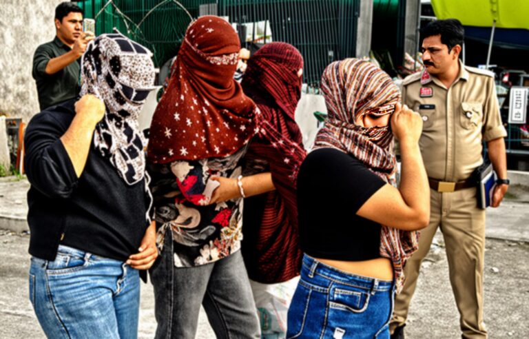 छापे के दौरान मिली युवतियों को पूछताछ के लिए थाने ले जाते पुलिस अधिकारी
