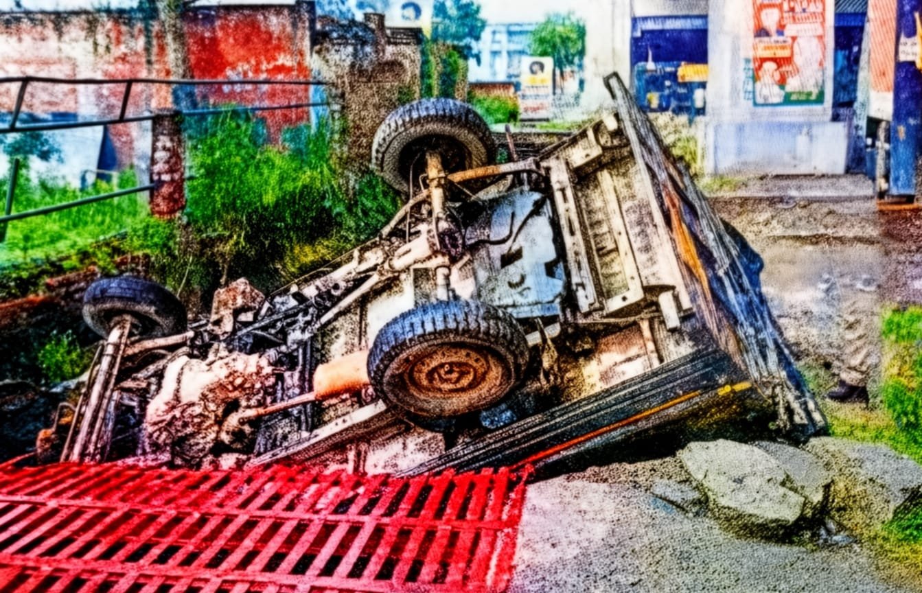 टेंपो से टकराने के बाद नाले में पलटा वाहन