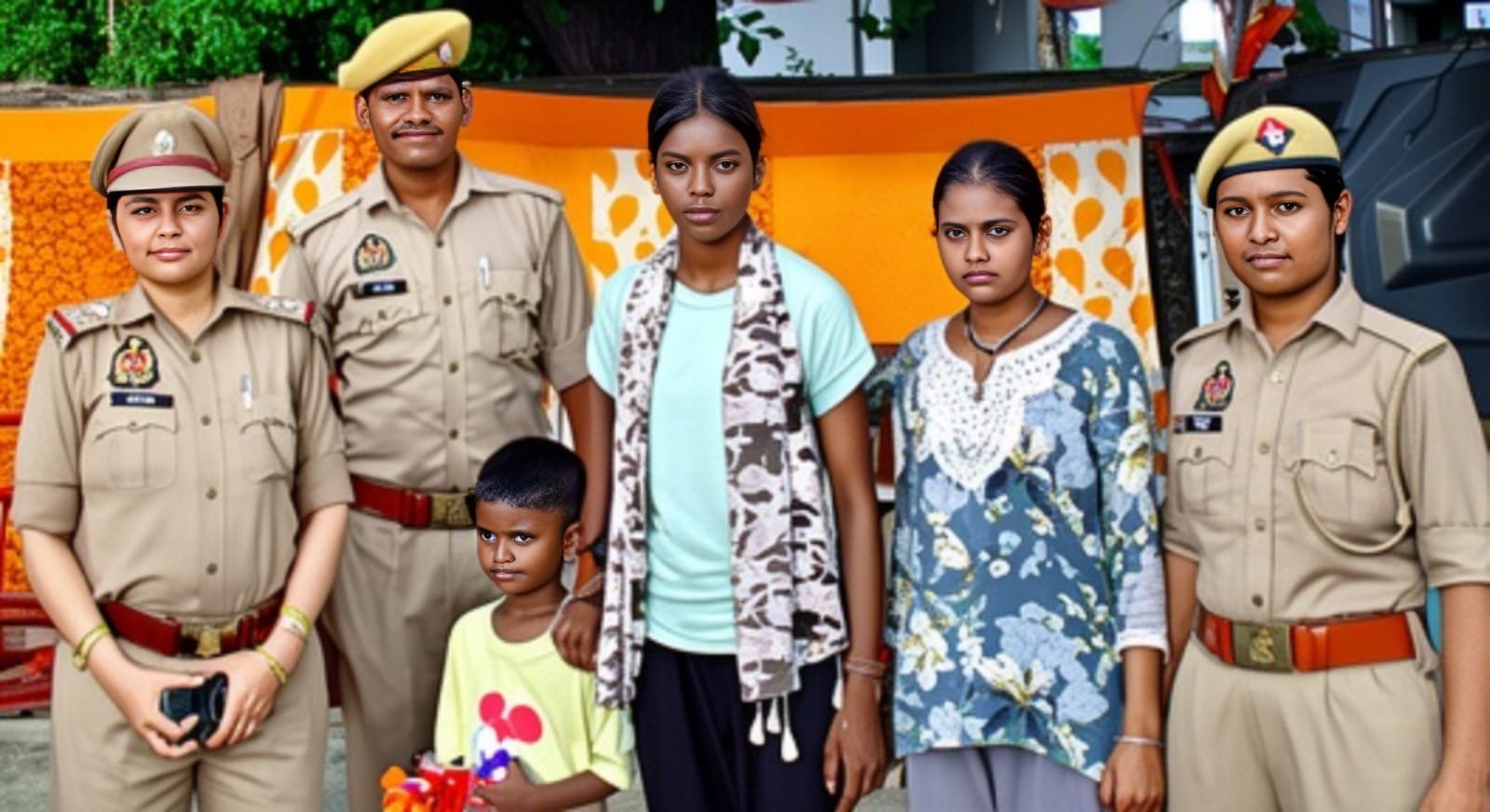 बच्चे को परिजनों के सुपुर्द करती पुलिस