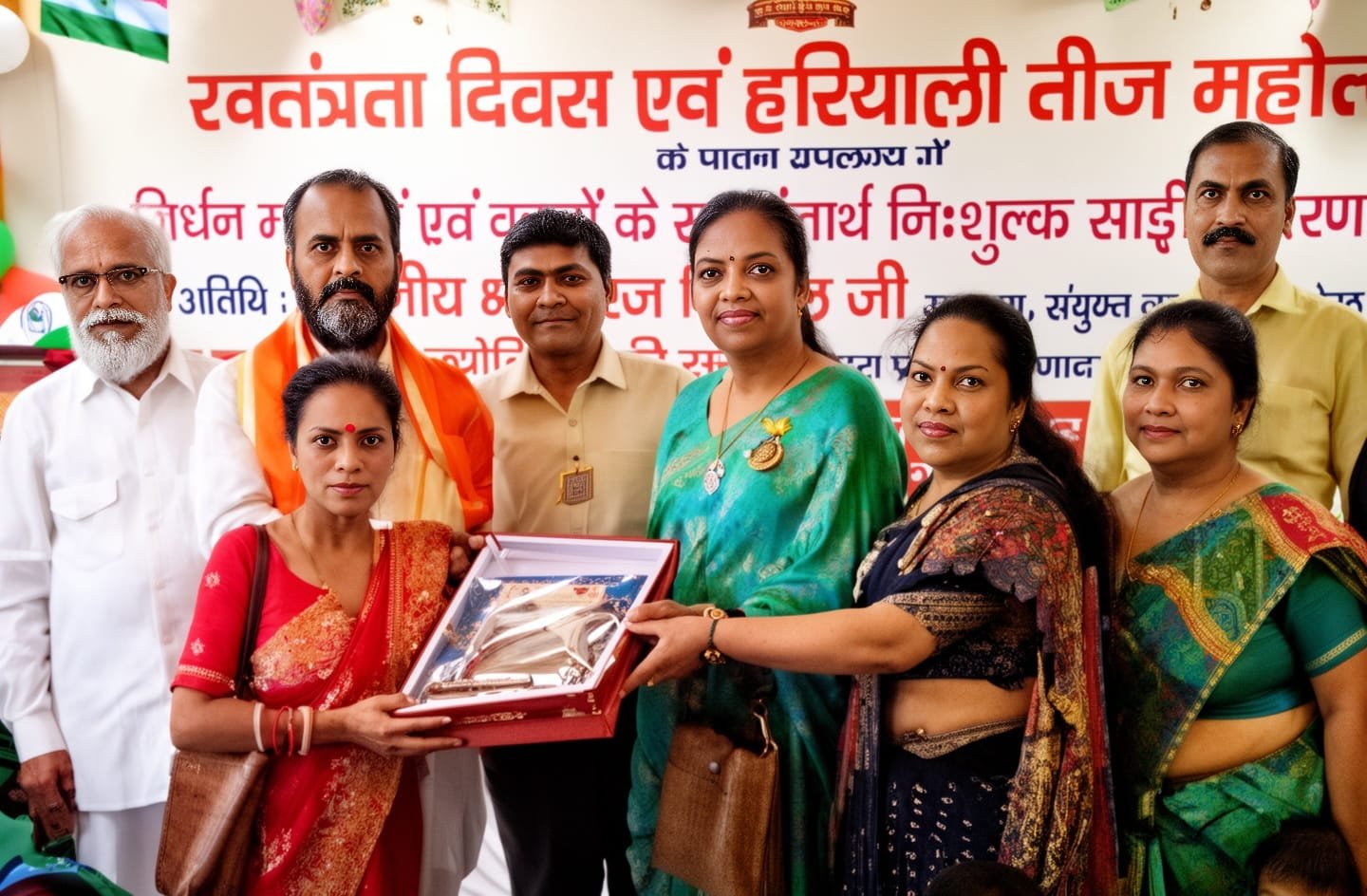 हरियाली तीज के उपलक्ष पर महिलाओं को साड़ी वितरण करते संयुक्त व्यापार संघ के उपाध्यक्ष नीरज मित्तल