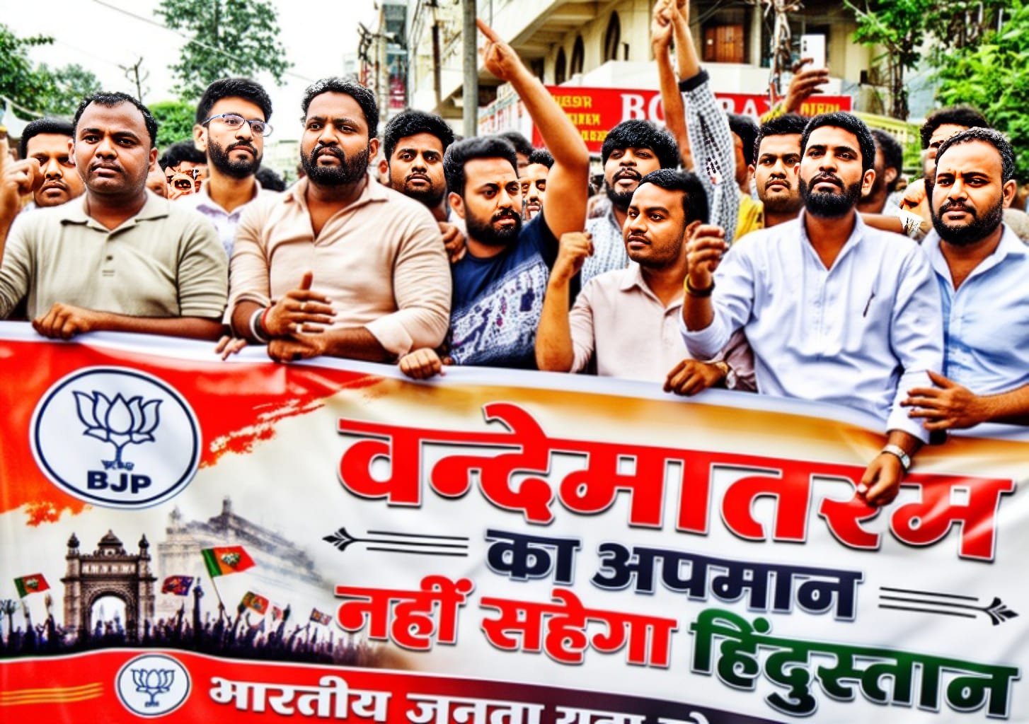 वंदे मातरम के कथित अपमान को लेकर विरोध प्रदर्शन करते भारतीय जनता युवा मोर्चा के कार्यकर्ता