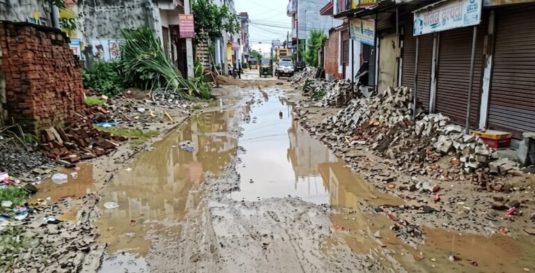 शिवकुंज कॉलोनी में बारिश के बाद सड़क बनी कीचड़ और दलदल