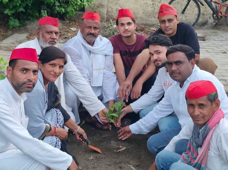 टाउन हॉल स्थित गांधी पार्क में पौधारोपण करते समय समाजवादी पार्टी के कार्यकर्ता