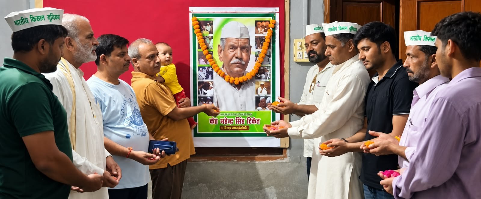 बाबा महेंद्रसिंह टिकैत की जयंती पर आयोजित स्मृति गोष्ठी के अवसर पर उनके चित्र पर पुष्पांजलि अर्पित करते भारतीय किसान आंदोलन के पदाधिकारी