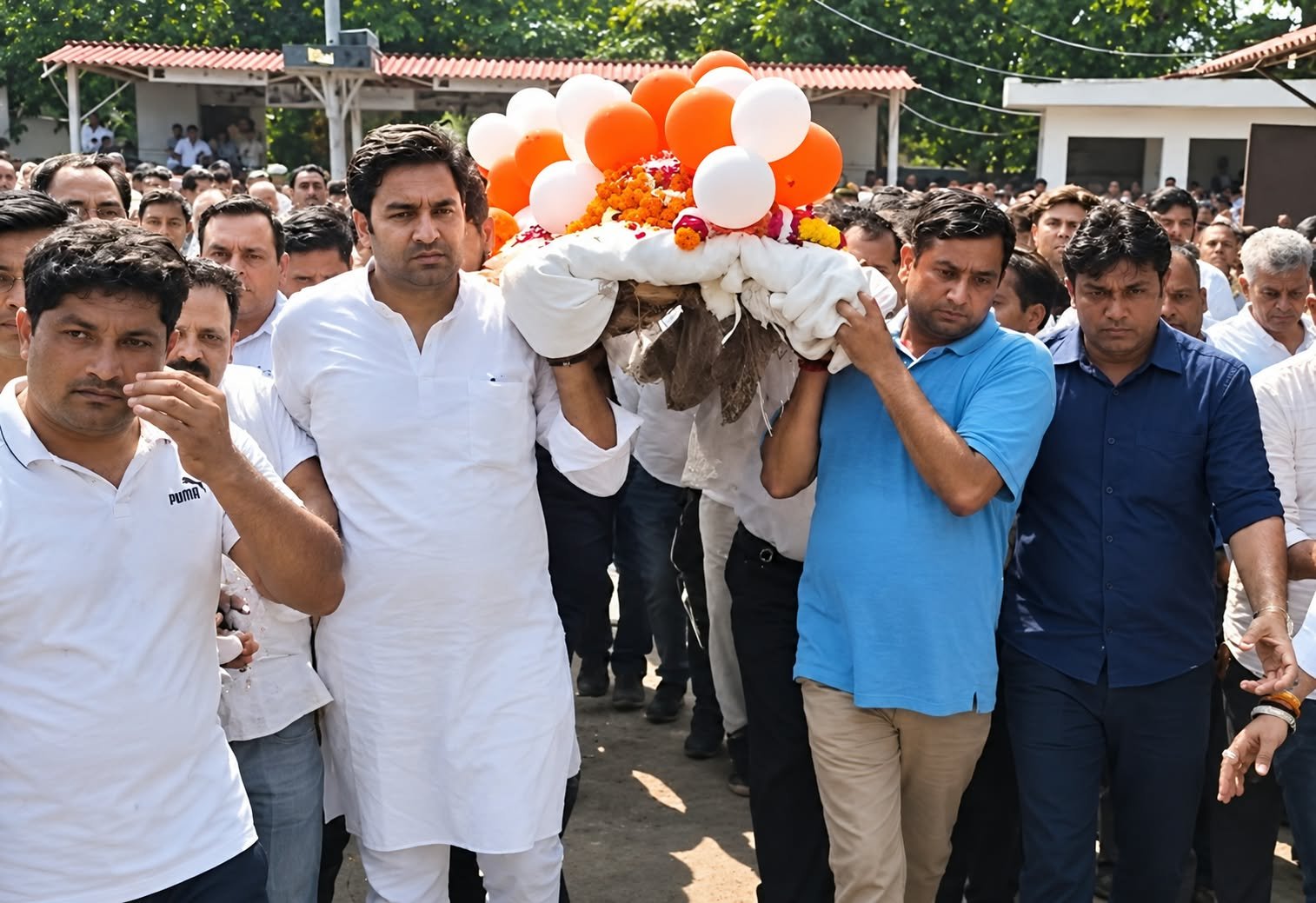 अपने पिता पूर्व प्रधानाचार्य महेन्द्र सिंह की अंतिम यात्रा में कंधा देते उत्तर प्रदेश सरकार में राज्यमंत्री सोमेन्द्र तोमर