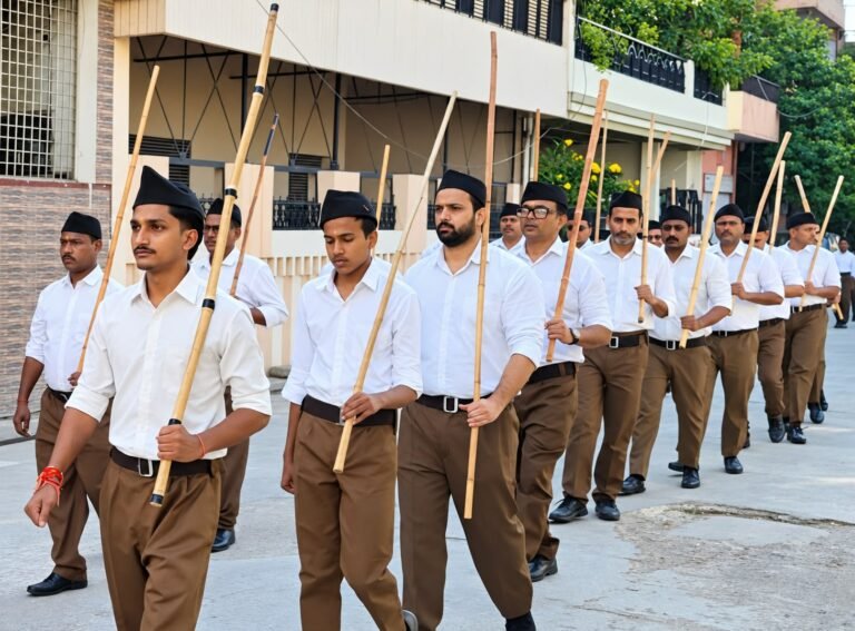 पथ संचलन करते राष्ट्रीय स्वयंसेवक संघ कार्यकर्ता एवं पदाधिकारी
