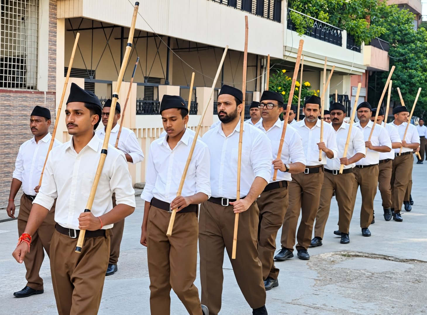 पथ संचलन करते राष्ट्रीय स्वयंसेवक संघ कार्यकर्ता एवं पदाधिकारी